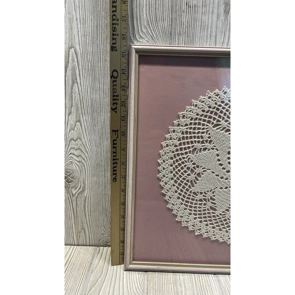 Vintage Framed Crochet Doily Wall Art Handmade Lace Decor Wood Frame 15.5